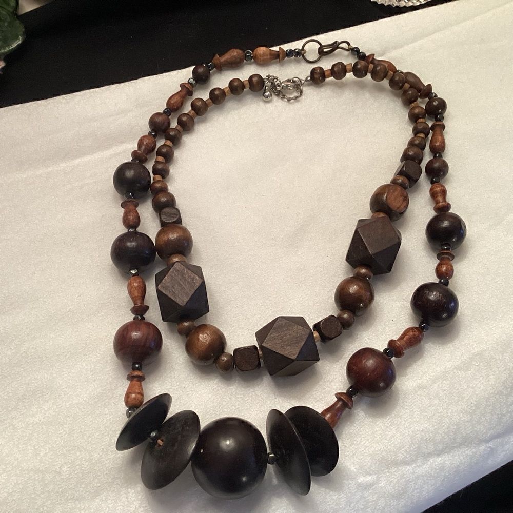 Two Wooden Bead Necklaces in Browns and Blacks